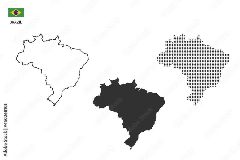 3 versions of Brazil map city vector by thin black outline simplicity style, Black dot style and Dark shadow style. All in the white background.
