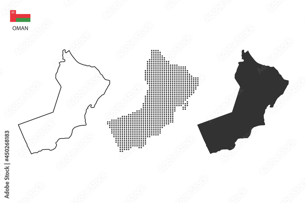 Obraz premium 3 versions of Oman map city vector by thin black outline simplicity style, Black dot style and Dark shadow style. All in the white background.