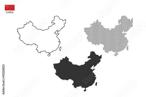 3 versions of China map city vector by thin black outline simplicity style, Black dot style and Dark shadow style. All in the white background.