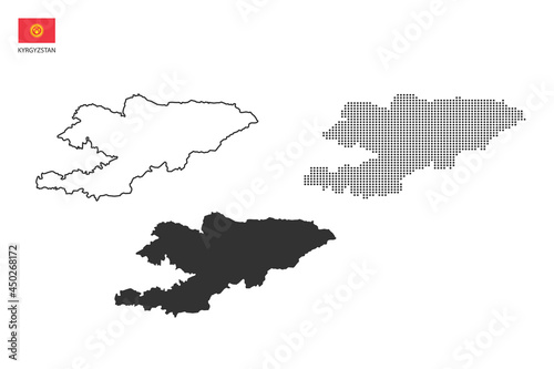 3 versions of Kyrgyzstan map city vector by thin black outline simplicity style  Black dot style and Dark shadow style. All in the white background.