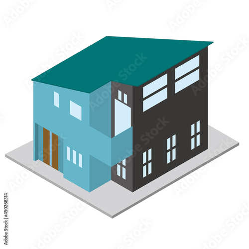 一戸建て住宅マイホームのイラスト二階建て　アイソメトリックス立体イラスト