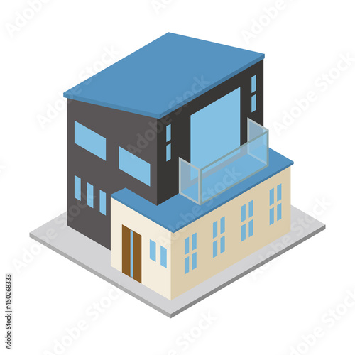 一戸建て住宅マイホームのイラスト二階建て　アイソメトリックス立体イラスト