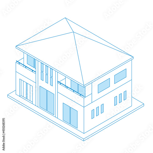一戸建て住宅マイホームのイラスト線画ラインアート二階建て　アイソメトリックス立体イラスト