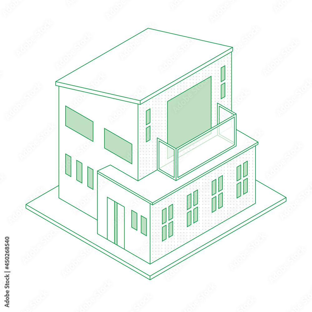 一戸建て住宅マイホームのイラスト線画ラインアート二階建て　アイソメトリックス立体イラスト