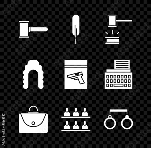 Set Judge gavel, Feather pen, Briefcase, Jurors, Handcuffs, wig and Evidence bag pistol gun icon. Vector