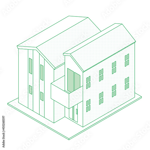 一戸建て住宅マイホームのイラスト線画ラインアート二階建て　アイソメトリックス立体イラスト