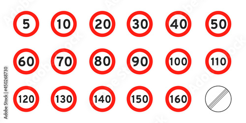 Speed limit 5-160 round road traffic icon sign flat style design vector illustration set isolated on white background. Circle standard road sign number kmh.
