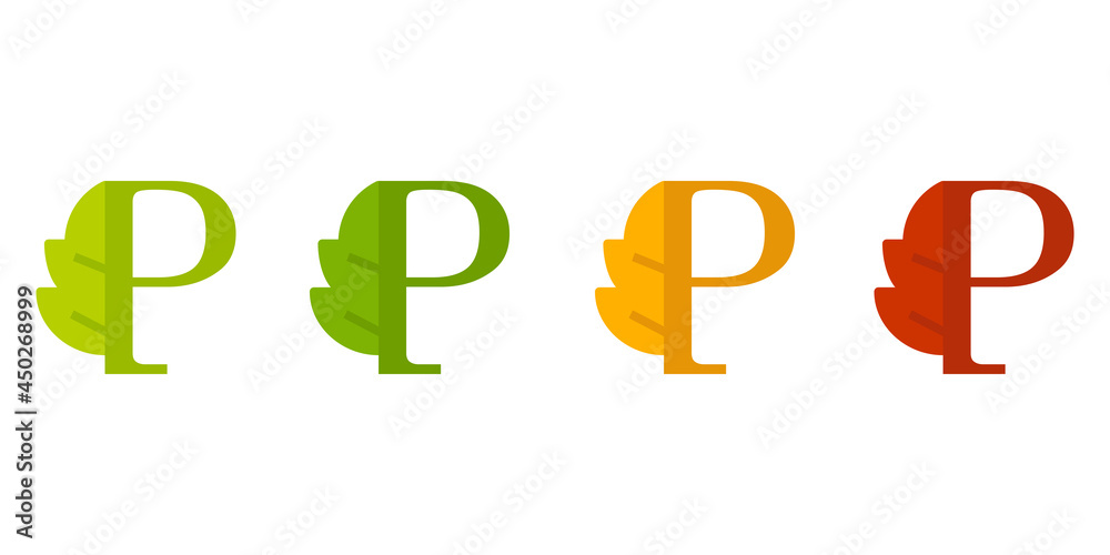 Otoño. Caída de la hoja. Logotipo letra inicial P con forma de hoja de árbol en color verde, naranja y rojo Otoño. Caída de la hoja. Logotipo letra inicial P con forma de hoja de árbol en color verde, naranja y rojo