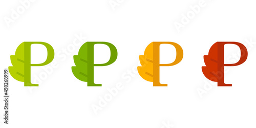 Otoño. Caída de la hoja. Logotipo letra inicial P con forma de hoja de árbol en color verde, naranja y rojo