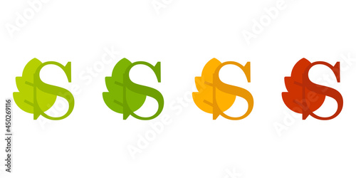 Otoño. Caída de la hoja. Logotipo letra inicial S con forma de hoja de árbol en color verde, naranja y rojo