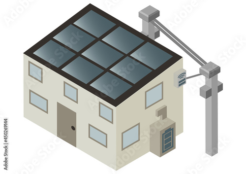 アイソメトリックな家庭用蓄電池と太陽光パネルとスマートメーターのある家　電柱と電線あり