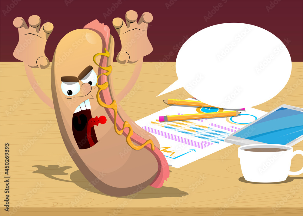 Naklejka premium Hot Dog is trying to scare you. American fast food as a cartoon character with face.