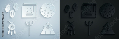 Set Neptune Trident, Pentagram in a circle, Dream catcher with feathers, Masons, Ancient magic book and Magic runes icon. Vector