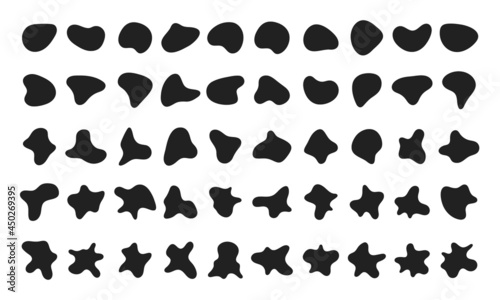 Random abstract liquid organic black irregular blotch shapes flat style design fluid vector illustration set banner simple shape template for presentation design, flyer, isolated on white background.