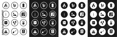 Set Trunk for magic tricks, Hand holding fire, Dagger, Witch, Ancient book, Magic stone, Rabbit with ears and icon. Vector