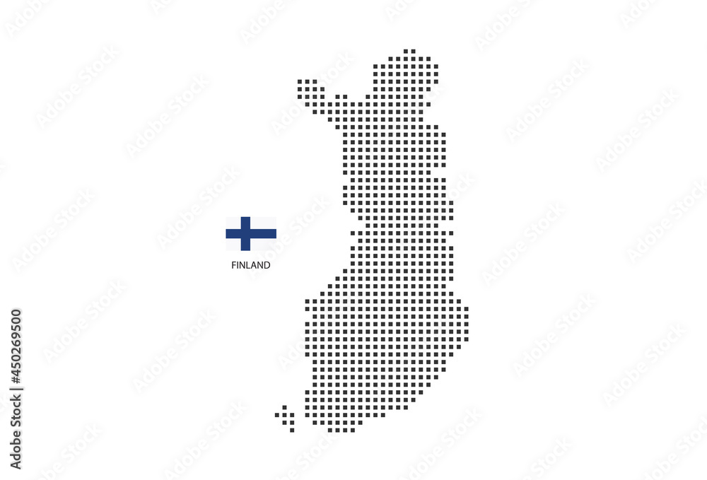Vector square pixel dotted map of Finland isolated on white background with Finland flag.