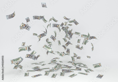 
Many dollar bills floating and flying on white background. It symbolizes abundance of money, wealth. Also as a concept of inheritance, winning the lottery or suggesting savings, discounts and debts.