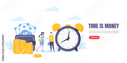 Time is money or saving money business concept. Tiny people shaking hands between money and clock symbols. Time management flat style vector illustration isolated on white background. photo