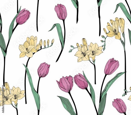 Tulips and freesia. Seamless vector botanical pattern.