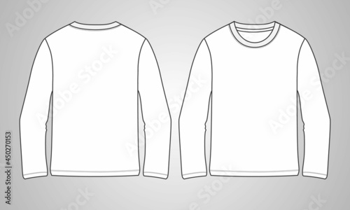 Long sleeve round neck Technical Sketch flat fashion T-shirt front and back view . Apparel dress design CAD Mock up Vector Illustration template.