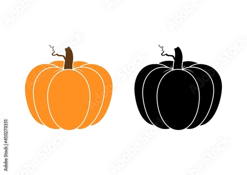 Vector illustration of two pumpkins or cucurbitas isolated on white background. Orange and black silhouette pumpkin vegetable for farm market, fall banners, Thanksgiving, Halloween. Autumn Cucurbita