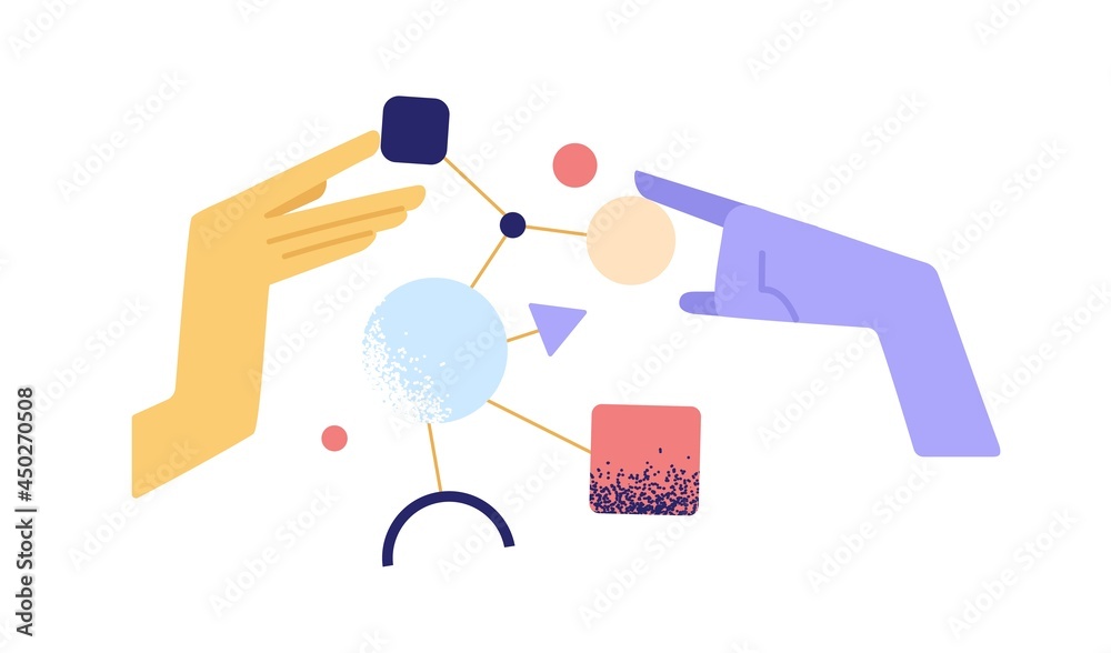 Human hands analyzing structure and building systems and schemes out of abstract figures. Business analytics, research and data analysis concept. Flat vector illustration isolated on white background