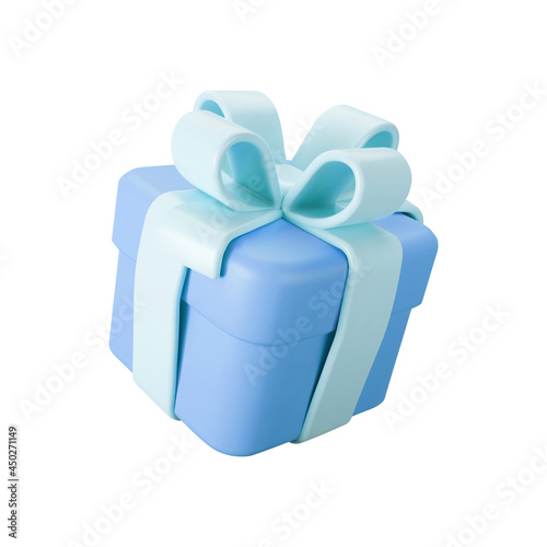 3d blue gift box with pastel ribbon bow isolated on a white background. 3d render flying modern holiday surprise box. Realistic vector icon for present, birthday or wedding banners