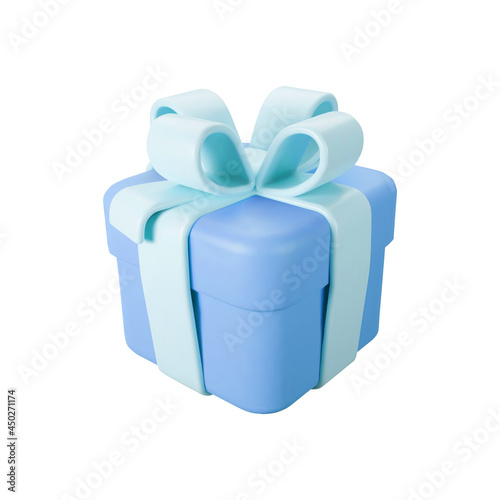 3d blue gift box with pastel ribbon bow isolated on a white background. 3d render flying modern holiday surprise box. Realistic vector icon for present, birthday or wedding banners