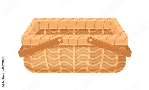Empty straw wicker basket with handles. Woven storage container without lid. Realistic wickerwork. Colored flat vector illustration of basketwork isolated on white background