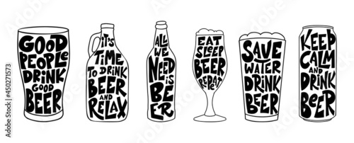Set of Funny inspirational quotes about beer with hand lettering for pubs. Hand drawn vintage poster with mug. Vector illustration
