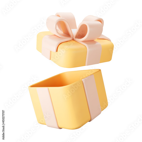 3d orange open gift box with pastel ribbon bow isolated on a white background. 3d render flying modern holiday open surprise box. Realistic vector icon for present, birthday or wedding banners