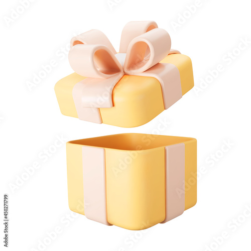 3d orange open gift box with pastel ribbon bow isolated on a white background. 3d render flying modern holiday open surprise box. Realistic vector icon for present, birthday or wedding banners