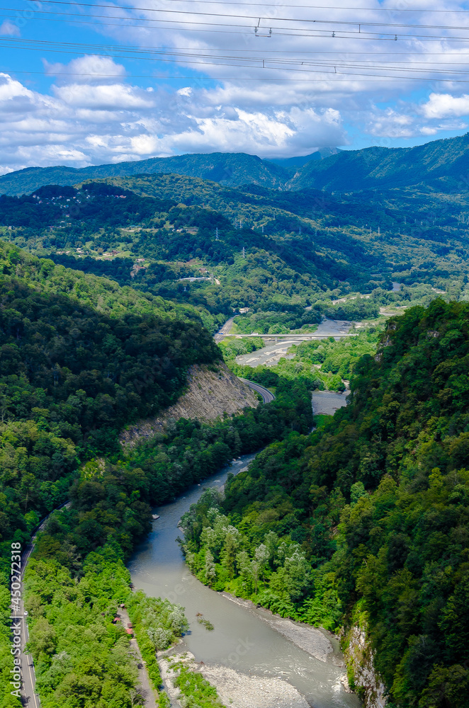Fototapeta premium River between mountain view from bridge Skypark AJ Hacket Sochi