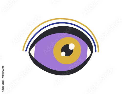 Magic evil eye of God. Esoteric occult eyeball. Abstract sacred divine mystical pupil in doodle style. Holy supernatural symbol. Colored flat vector illustration isolated on white background