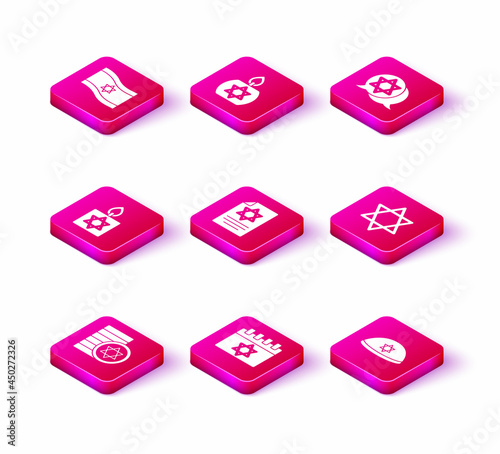 Set Jewish coin, calendar, Burning candle, Torah scroll, kippah, Star of David, and icon. Vector