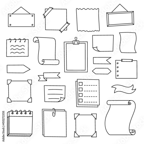 Doodle set hand drawn elements for diary, notebook and planner. Vector illustration, isolated sketch for study and work. Collection of decorations frames and stickers from lines on white background