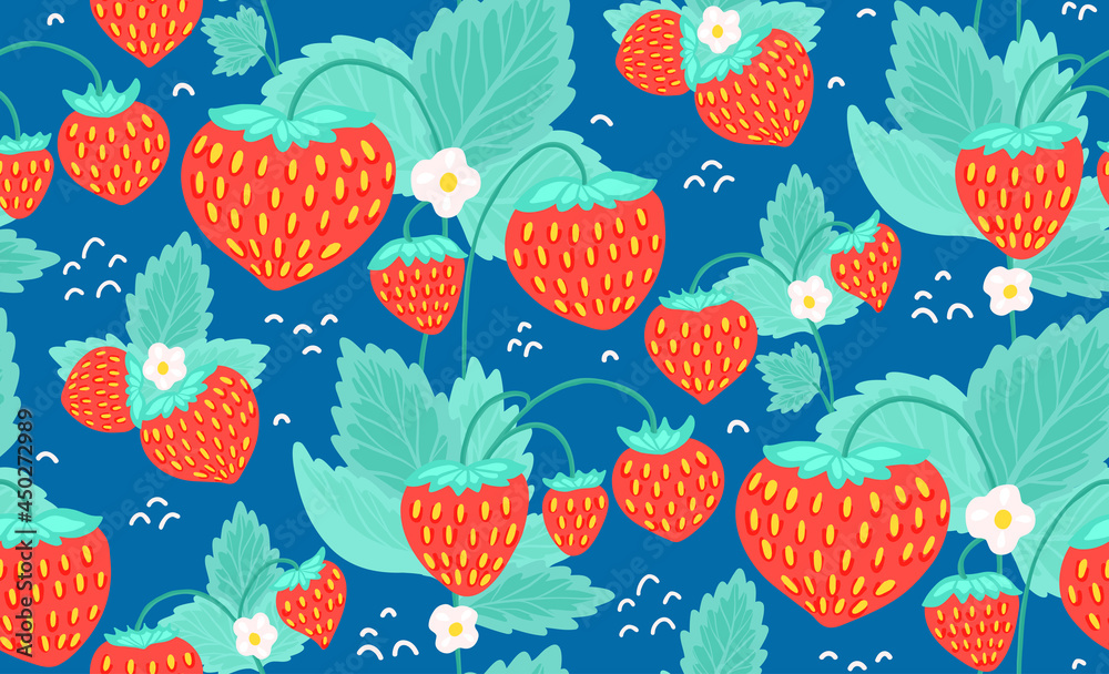 Original seamless pattern with strawberries, green foliage and small white flowers on blue bacground. Summer texture with hand drawn berries. Natural wallpaper with fruits, leaves and arcs Original seamless pattern with strawberries, green foliage and small white flowers on blue bacground. Summer texture with hand drawn berries. Natural wallpaper with fruits, leaves and arcs