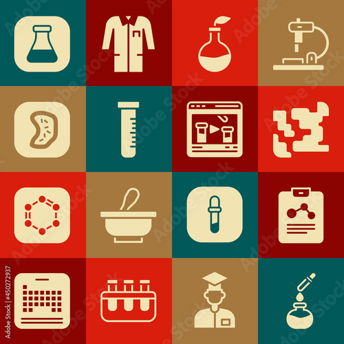 Set Test tube and flask, Chemistry report, Gaseous, Plant breeding, Bacteria, and Chemical online icon. Vector