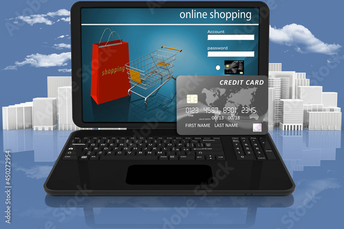 Illustrazione 3D. Pagamento elettronico. Computer portatile e carta di credito come simbolo dei pagamenti online.. photo