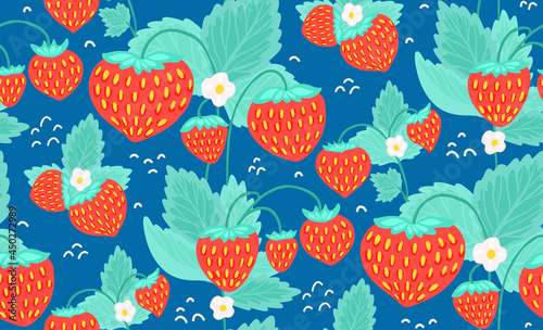 Original seamless pattern with strawberries, green foliage and small white flowers on blue bacground. Summer texture with hand drawn berries. Natural wallpaper with fruits, leaves and arcs