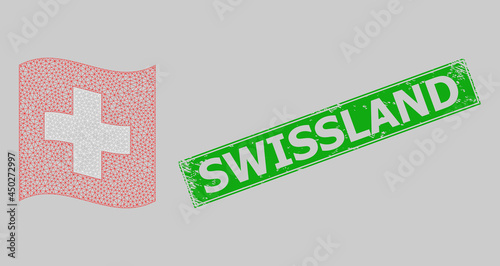 Mesh polygonal waving Swiss flag and scratched Swissland rectangle stamp seal. Model is designed on waving Swiss flag. Green rectangle Swissland textured seal stamp.