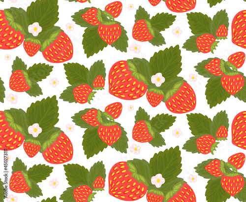 Seamless pattern with strawberries, foliage and small flowers. Summer texture with hand drawn berries on bush. Natural wallpaper with bunch of fruits and leaves on white background.