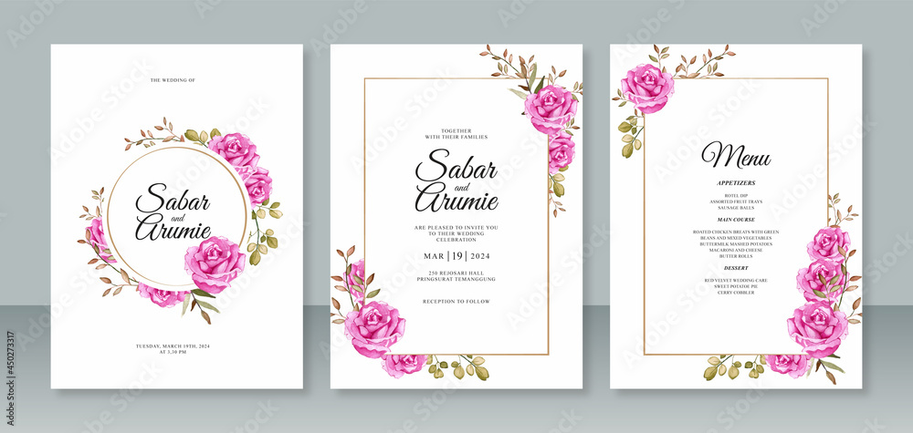 Set of beautiful wedding invitation templates with watercolor pink roses