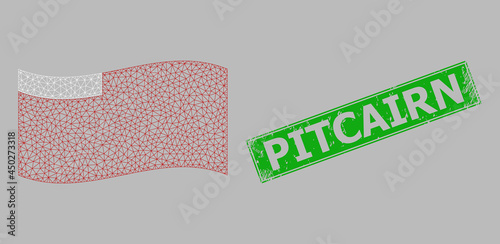 Mesh polygonal waving Abu Dhabi flag and grunge Pitcairn rectangle stamp seal. Carcass model is based on waving Abu Dhabi flag. Green rectangle Pitcairn grunge seal stamp.