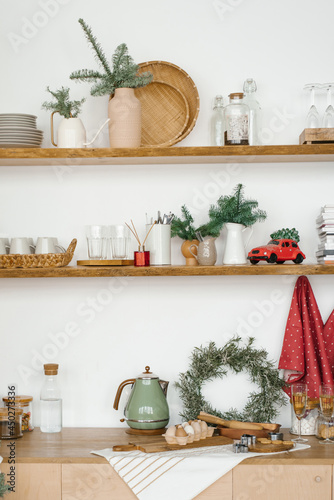 winter kitchen with red and turquoise decorations, Christmas kitchen utensils in the Scandinavian style