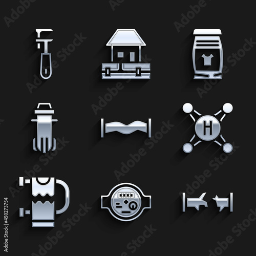 Set Industry metallic pipe, Water meter, Broken, tap, Heated towel rail, filter, Laundry detergent and Pipe adjustable wrench icon. Vector