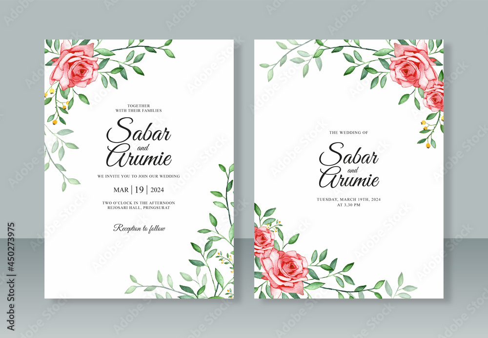Wedding invitation template with watercolor painting of roses