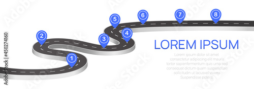 Winding 3d road infographic concept on a white background, Winding road to success with pin pointers, Timeline template. photo