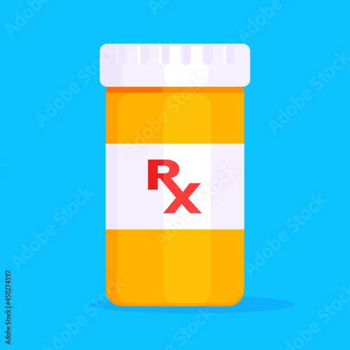 Rx pill bottle for capsules or tablets flat style design vector illustration. Medical container jar bottle for pills and medicine treatment isolated on white background.