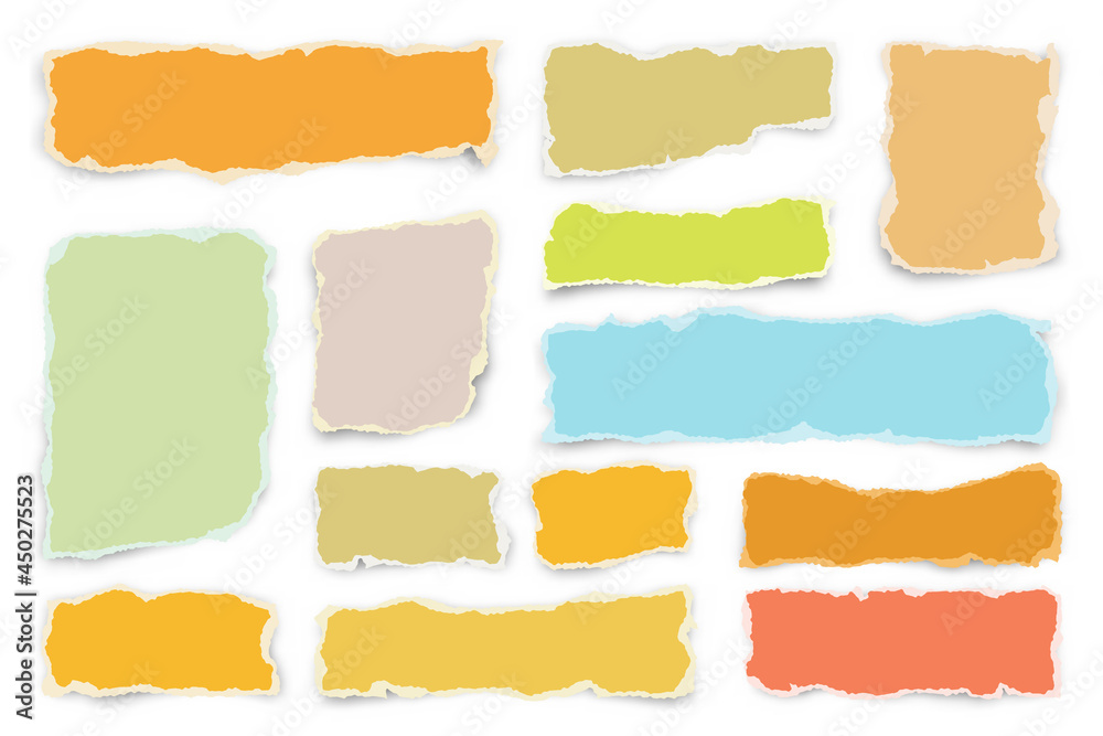 Ripped colorful paper strips. Realistic crumpled paper scraps with torn edges. Shreds of notebook pages. Vector illustration.